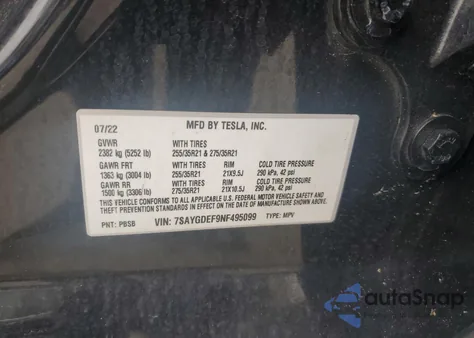 2022 Tesla Model Y из США, поврежденный, VIN 7SAYGDEF9NF495099